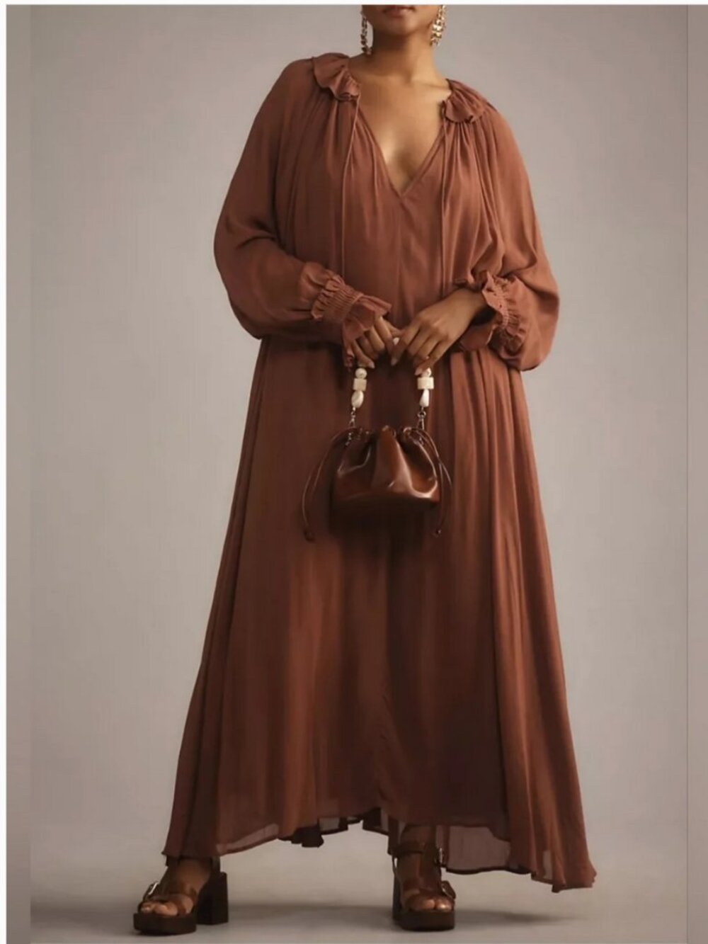 Anthropologie Maxi Pleated Brown Dress size S P